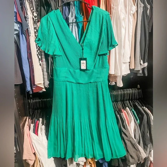 Dkny Flutter-Sleeve Pleated Fit & Flare Dress - Grass Green - Size 10 Dkny Flutter-Sleeve Pleated Fit & Flare Dress - Grass Green - Size 10